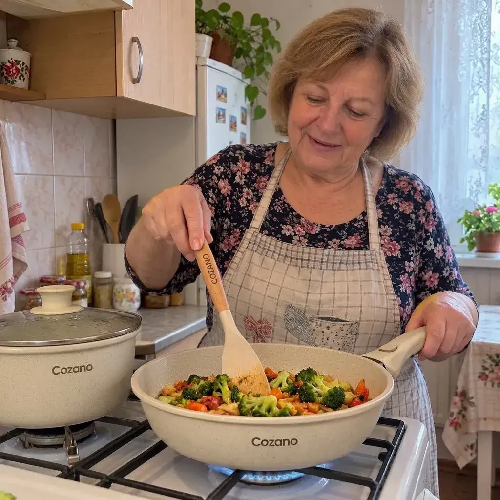 Clientă gătește cu tigaia Cozano™ pe aragaz